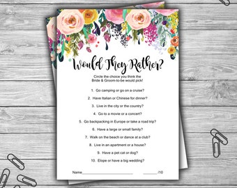 Floral - Bridal Shower - Would They Rather - Game - Cards - PRINTABLE - INSTANT DOWNLOAD - Shabby Chic - Bridal Shower Game - L08