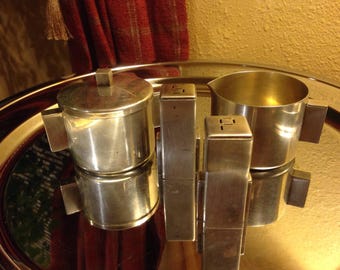 Merle F. Faber Art Deco Quadruple Silverplate Creamer and Sugar Set with Salt and Pepper Shakers