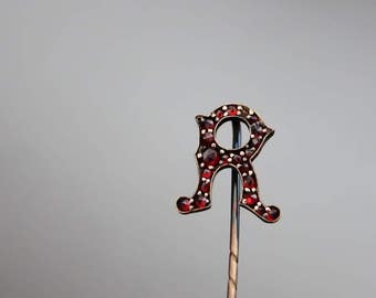 Victorian Bohemian Garnet Letter R Monogram Stick Pin. Hat Pin, Antique Tie Pin.