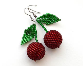 Pom Pom earrings Cherry earrings Fruit earrings Red earrings Lemon earrings Yellow earrings Beaded earrings gift women Berry Pink earrings
