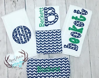 Personalized Baby Wipe Case and Burp Cloths, Navy and Green Baby Boy Gift Set, Broken Chevron, Monogrammed Baby Boy Shower Gift
