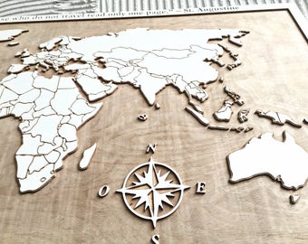 3D Wooden world map - Wooden map - World map - Wooden wall art - 3D wood art - Map-gift for traveler - Wanderlust gift