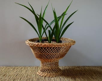Mid Century Wicker Rattan Plant Stand/ Wicker Plant Stand/ Pedestal Plant Stand, Wicker Pedestal Basket Bowl