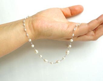 Minimal, Pearl Necklace, Sterling Silver, Wire Wrapped Necklace, Fresh Water Pearl, Rosary Necklace, Bridesmaid Gift Ideas, Pearl Jewelry