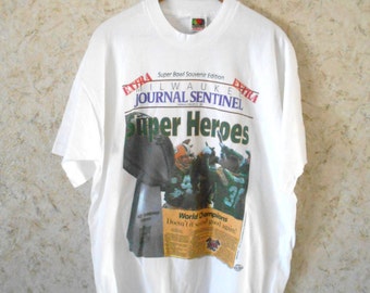 Vintage 1997 Green Bay Packers Rare Super Bowl White T Shirt Milwaukee Journal Newspaper Print NFL Brett Favre World Champions Mens Tee XL