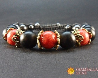 Black red bracelet Natural coral jewelry Gift bracelet for her Red black gem beads Healing gemstone bracelet Women meditation jewelry Amulet