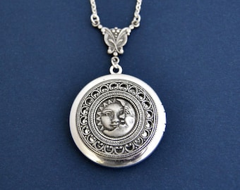 Sun Moon Locket, Sun Moon Necklace, Photo Locket Necklace, Silver Locket, Antique Style Locket Necklace, L