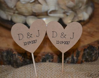 Rustic Personalized Heart Engagement/Anniversary/Wedding Cupcake Toppers
