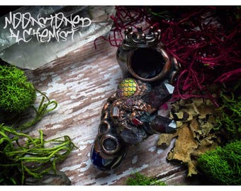 Princess Mermaid Treasure Pipe - Dark Copper Electroformed Pipe with Amethyst and Pink Aura Quartz Crystals - glass and copper mermaid pipe