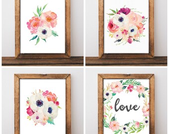 Floral Nursery Decor - Watercolor Nursery Art - Anemone Nursery - Girls Nursery Prints - Pink Nursery - Digital Download 8x10 - Set of 4