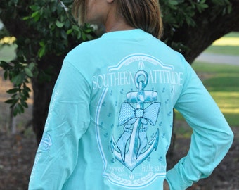 Southern Attitude Bow Anchor Sea Foam Green Little Sweet Little Salty Long Sleeve Unisex T Shirt, Cute Anchor T Shirt, Southern Shirts