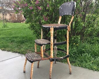 Cosco folding step stool chair | Vintage rusty metal chair | Mid century rustic plant stand | Retro kitchen decor | Industrial chic antique