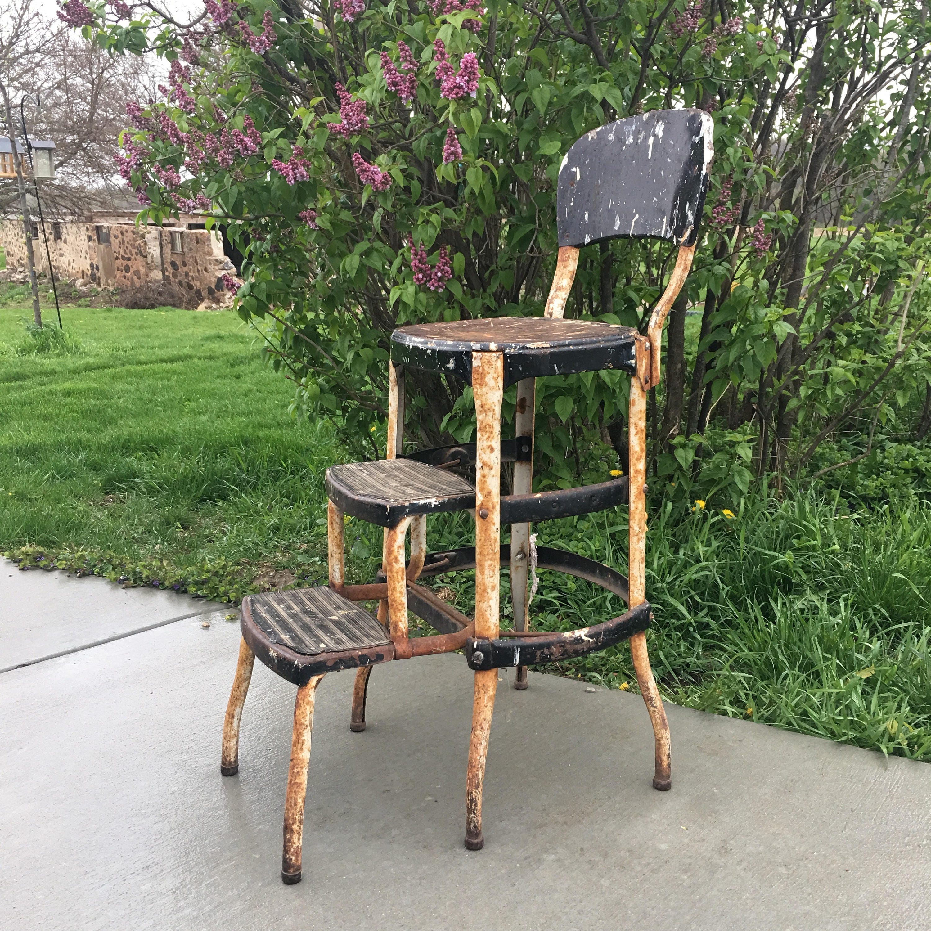 Cosco folding step stool chair Vintage rusty metal chair