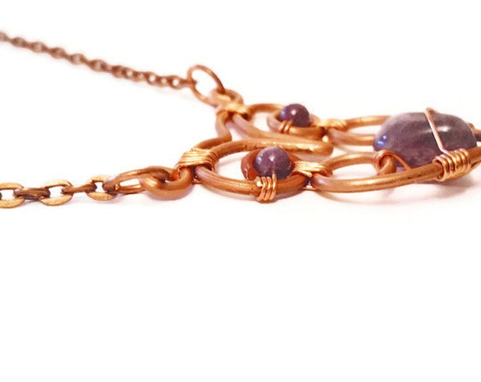 Amethyst and Copper Owl Necklace, February Birthstone Necklace, Gift for Her, Unique Birthday Gift, N006