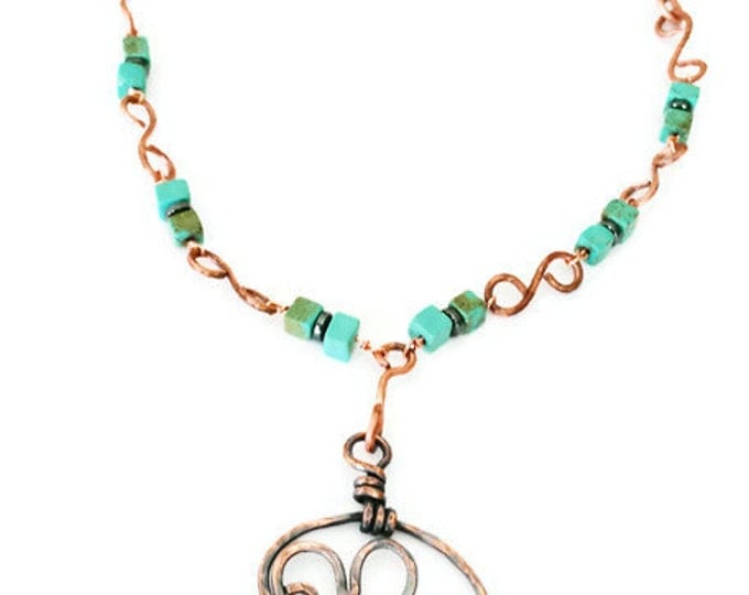 Clearance- Copper Heart Pendant, Howlite and Hematite Necklace, Turquoise dyed Howlite Necklace