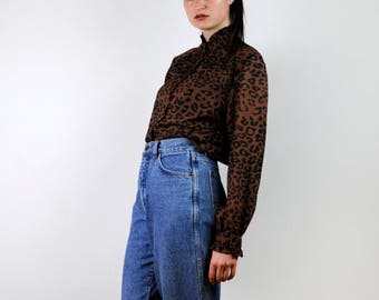 FREE SHIPPING Vintage 80s blouse, Leopard Blouse Leopard Shirt Leopard Top Leopard Print Blouse Animal Print Shirt, high collar blouse
