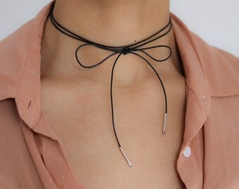 Leather Wrap Bow Choker- Black Leather Wrap Necklace - Double Wrap Choker - Delicate Black Choker Necklace - Bohemian Jewelry