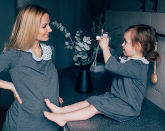Mother daughter matching dress Mommy and me Mom and daughter matching outfit Girl gray dress with lace collar Toddler Baby dress