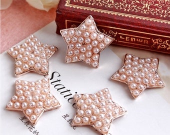 Pearl Star Flat Backs Set In Rose Gold Tone Metal Embellishments Wedding Button 23mm