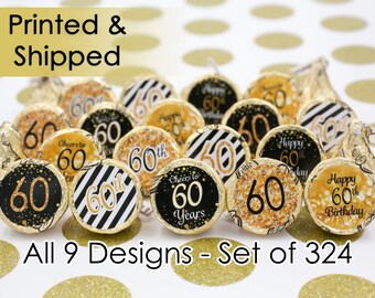 60th Birthday Party Decorations - Gold & Black - Party Favor Stickers for Hershey Kisses (Set of 324)