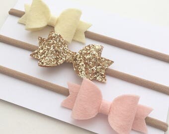 Lemon, Blush Wool Felt Bow with Gold Glitter Bow Headband Set, Mini Bow Headband Set, Baby Headbands, Felt Bow Bands.