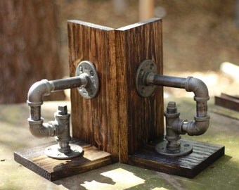 Industrial bookends, Pipe Bookends, Wood Bookends, Steampunk Bookends, Bookends