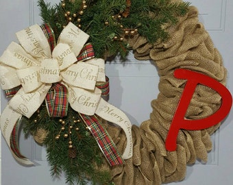 Burlap Christmas Wreath - Monogram Christmas Wreath - Rustic Christmas Wreath - Winter Wreath - Christmas Wreath - Evergreen and Burlap