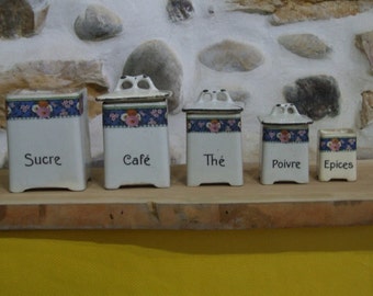 Set of 5 Vintage French Kitchen Canisters // Containers // Pots // Antique //