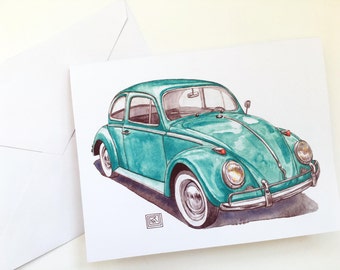 VW bug greeting cards, set of 8 cards and envelopes, volkswagen beetle, watercolor painting, original artwork, classic car, painting,blank
