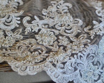 Bridal lace fabric I White beaded lace I Bridal embroidered lace I Beaded tulle lace I Wedding lace I Luxury beaded lace I Hand beaded lace