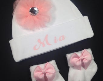 Personalized Newborn Baby Girl hat and sock set customized just arrived.