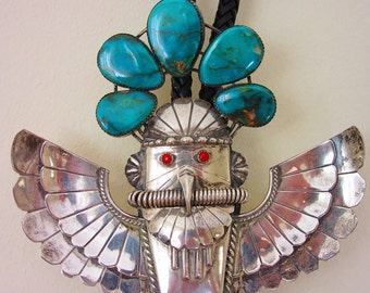 Bolotie, Kachina, Thunderbird, Sterlingsilber, Turquoise, Coral, Handwork, Native, Navajo, Collectible,