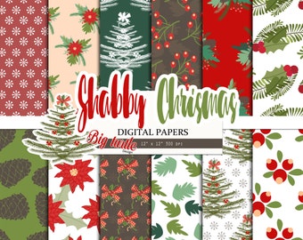 50% OFF SALE Christmas Digital Paper pack, Holiday digital paper, Shabby Christmas pattern, Scrapbook Paper, Printable Background, 12 JPG.