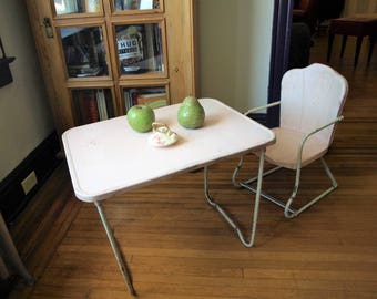 Vintage Pink Metal Children's Table and Chair - Small Metal Lawn and Garden Table and Chair - Mid Century