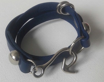 Nautical Blue leather wrap bracelet with Fish hook closure for the Sportive men