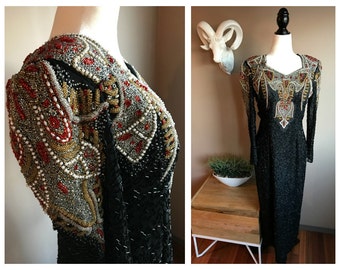 Stunning Vintage 1980s Art Deco Revival Beaded Gown // Vintage Beaded Dress // 1980s Beaded Long Dress // Sequin Evening Gown