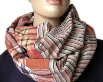 loop around scarf, shawl, scarf, striped cotton checkered Brown,