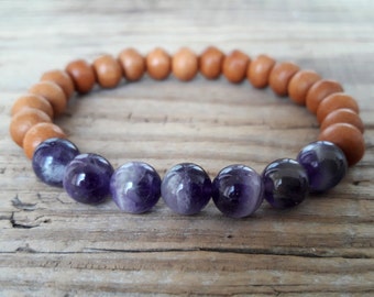 Sandalwood bracelet mala amethyst bracelet power bracelet wood meditation bracelet amethyst bracelet healing yoga jewelry gift for her