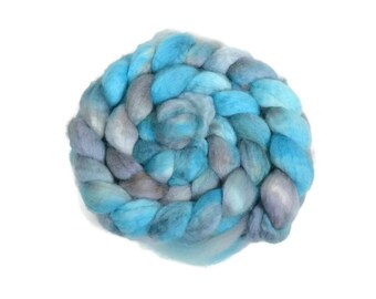 BFL 4 oz hand dyed roving, Combed Top, Blue Faced Leicester spinning fiber, aqua, gray - Falling Skies