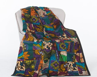 Patchwork Quilt-African Wax-Kitenge Quilt-Wax Print-Blue Quilt-Purple Quilt-Lightweight Quilt-Queen Size Quilt-Fair Trade-Peacock