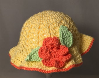 Crochet Baby Sun Hat, Yellow with Orange Flower and Accents
