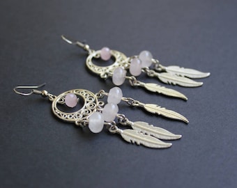 Silver pink dream catcher earrings Feather earrings Rose quartz dream catcher earrings Metal dream catcher jewelry Boho earrings Pink quartz
