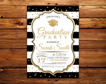 Graduation Invitation. Black & White Stripe. Graduation Party Invitation. Black, White and Gold Graduation Party.