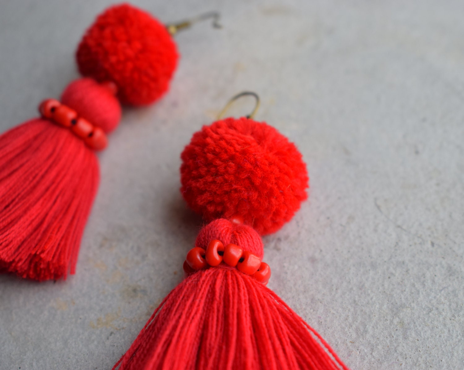 All Red Pom Pom Tassel Earrings 9523