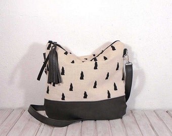 Geometric canvas crossbody bag, white zipper bag, shoulder cotton bag, crossbody purse, hobo bag, cotton handbag, daily bag, ecological bag