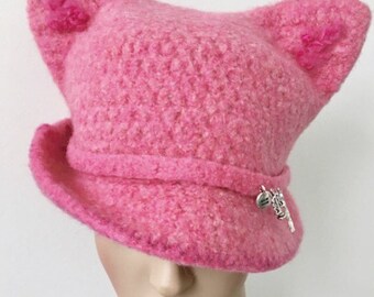 Pink Hat Pussy Hat PussyCat Hat Feminist Hat Felt Pussy Cat Hat Handmade Felt Hat Cat Hat Women's March Hat Womens Rights Hat