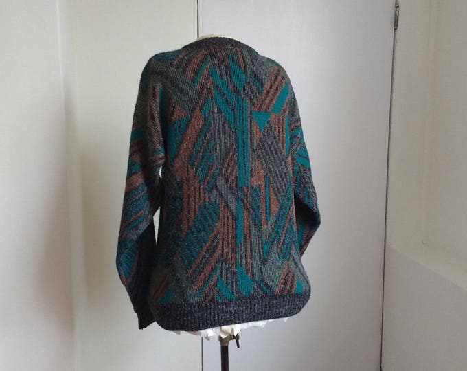 Vintage 1980s sweater by Mr Rodia, Italian made retro mens jumper size M, green, brick red and grey, oversized jumper, spring launch green