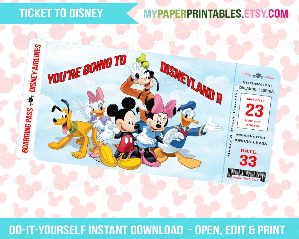 printable ticket to disney diy personalize instant download