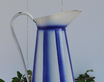 French vintage enamel pitcher - large blue striped
