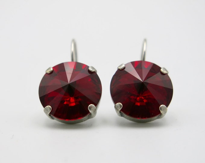 Valentines's ruby red siam Swarovski crystal rivoli dangle drop lever back elegant earrings. Red hot gift idea for Valentine's day!